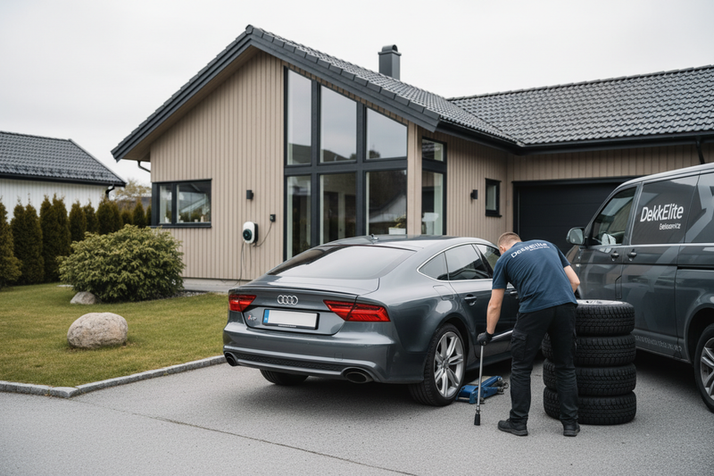 dekksift i en innkjøresl med en som har på DekkElite t skjorte hvor bildet er tatt bakifra. og bilen som arbeides på er en audi s7. bakgrunnen og innkjørselen må være i typisk norsk enebolig stil